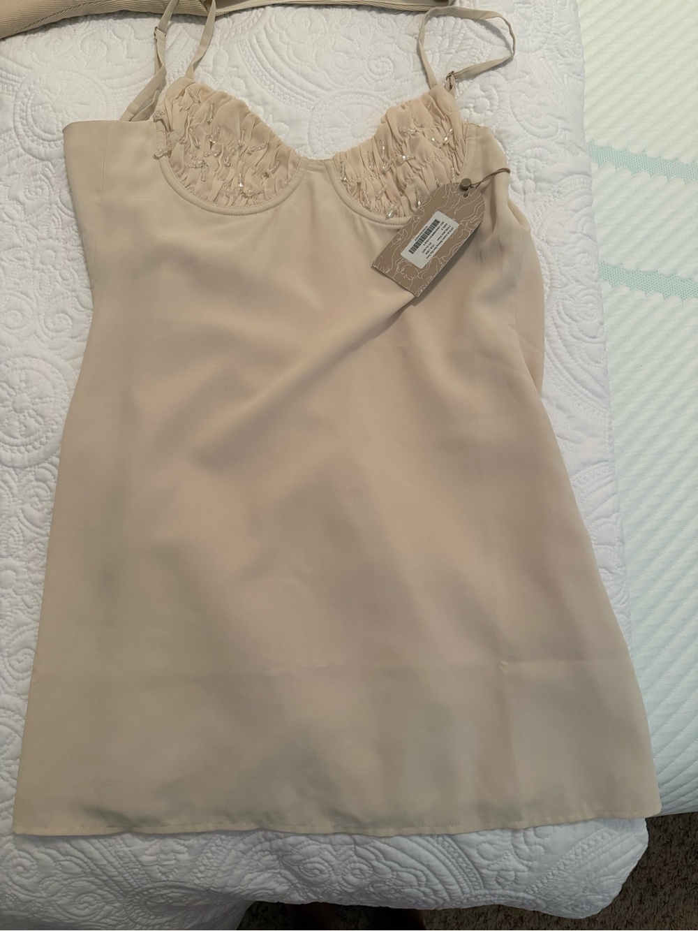 Beige Satin Amelie Shirring Slip Dress with Embellished Bust
